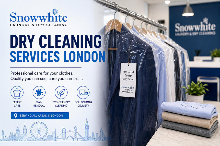 Promotional banner for Snowwhite Laundry & Dry Cleaning showing dry cleaning services in London, with neatly hung garments in protective covers, folded clothes, and service highlights including expert care, stain removal, eco-friendly cleaning, and collect