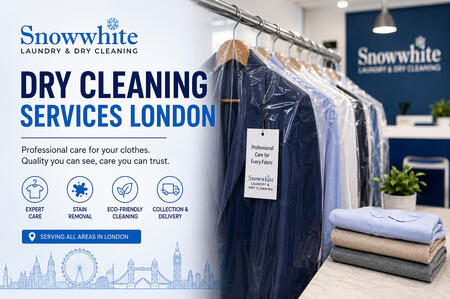 Dry Cleaning Services London – Snowwhite Laundry & Dry Cleaning Professional Care Promotional banner for Snowwhite Laundry & Dry Cleaning showing dry cleaning services in London, with neatly hung garments in protective covers, folded clothes, and service highlights including expert care, stain removal, eco-friendly cleaning, and collect
